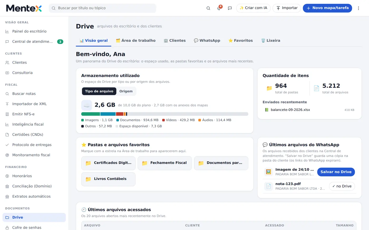 Tela do Mentex: drive e cofre de senhas