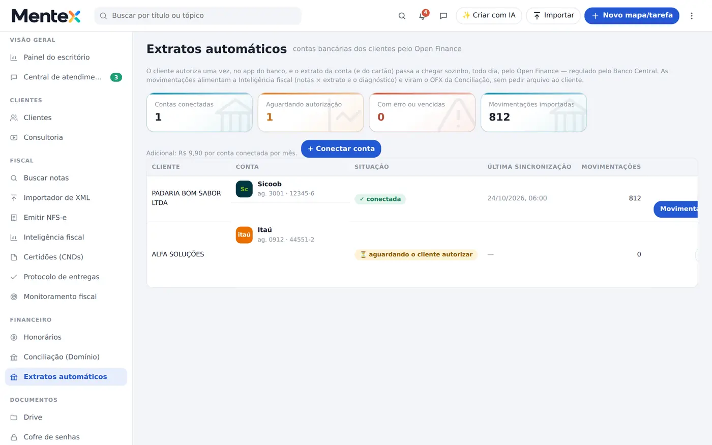 Tela do Mentex: extratos automáticos e conciliação para o domínio
